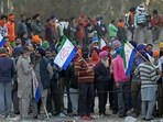 Bharat bandh today: Farmers gather during a protest march to New Delhi to demand minimum crop prices, near the Haryana-Punjab border at Shambhu in Patiala district.
