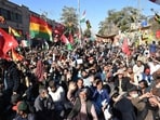 Supporters of the Balochistan National Party, the National Party and the Pashtoonknwa Milli Awami Party and Hazara deomoractic party chant slogans during protest in front of Deputy Commissioner office in Quetta on February 15, 2024, amid claims of alleged vote-rigging in Pakistan's national elections. The two major Pakistan parties that joined forces to oust Imran Khan as prime minister in 2022 said on February 13 they would form a new coalition to rule the country, after an election last week failed to produce a decisive winner. (Photo by Banaras KHAN / AFP)