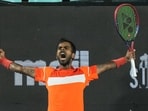 India's Sumit Nagal celebrates after winning the singles round of 16 match against Hong Kong's Coleman Wong