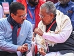 New Delhi, India - Feb. 8, 2024: Delhi Chief Minister Arvind Kejriwal, Kerala Chief Minister Pinarayi Vijayan, during protest against the alleged attacks on federalism by the federal government, at Jantar Mantar, in New Delhi, India, on Thursday, February 8, 2024.  (Photo by Raj K Raj/ Hindustan Times)