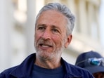 FILE PHOTO: Comedian Jon Stewart leaves the U.S. Capitol after lobbying lawmakers in Washington, U.S., October 21, 2021. REUTERS/Elizabeth Frantz/File Photo