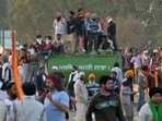 Farmers gather during a protest march to India's capital New Delhi to demand minimum crop prices, near the Haryana-Punjab state border at Shambhu in Patiala district on February 15, 2024.