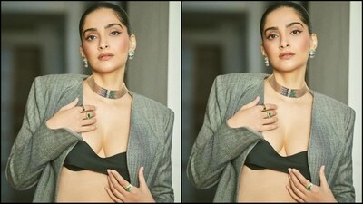 Assisted by her fashion stylist sister Rhea Kapoor, Sonam accessorised her look with a stylish gold choker necklace, matching stud earrings, green emerald rings adorning her finger and a pair of stylish black boots. (Instagram/@sonamkapoor)