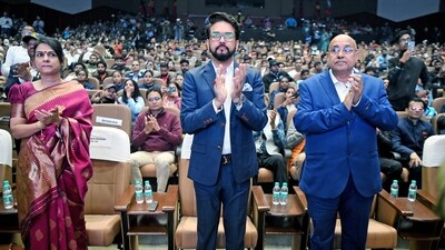 Union Minister for Youth Affairs and Sports Anurag Thakur with Ekta Vishnoi, Deputy Director Generals, Sports Authority of India and Avinash Rai Khanna, Patron-in-Chief, Paralympic Committee of India (PCI), during the launch of mascot, logo and jersey for first-ever Khelo India Para Games, (ANI)