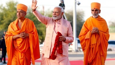 Upon his arrival at the temple premises, PM Modi was welcomed by BAPS' Ishwarcharandas Swami. (ANI) Upon his arrival at the temple premises, PM Modi was welcomed by BAPS' Ishwarcharandas Swami. (ANI)