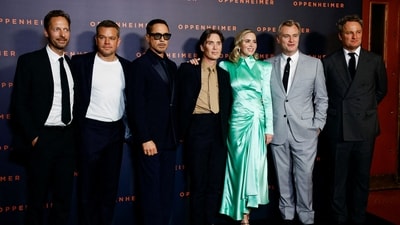 Oppenheimer cast members Trond Fausa Aurvag, Matt Damon, Robert Downey Jr., Cillian Murphy, Emily Blunt, Jason Clarke, and Director Christopher Nolan. (REUTERS)