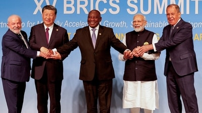 Prime Minister Narendra Modi with Brazilian president Luiz Inacio Lula da Silva, China's Xi Jinping, South African president Cyril Ramaphosa  Russia's Foreign Minister Sergei Lavrov during the 2023 BRICS Summit Johannesburg, South Africa, on August 23 last year. (Reuters file)