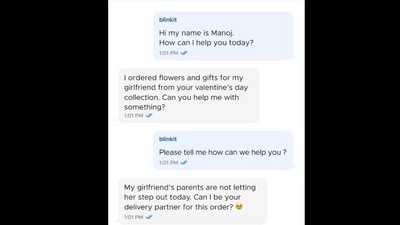Snapshot of the conversation between Blinkit user and customer care. (X/@letsblinkit) Snapshot of the conversation between Blinkit user and customer care. (X/@letsblinkit)