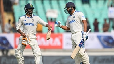 India's captain Rohit Sharma (R) with Ravindra Jadeja celebrates after scoring a century (100 runs) (AFP) India's captain Rohit Sharma (R) with Ravindra Jadeja celebrates after scoring a century (100 runs) (AFP)
