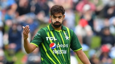 Pakistan's Haris Rauf reacts during a match (AFP)