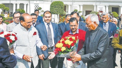 Delhi LG VK Saxena with speaker Ram Niwas Goel and chief minister Arvind Kejriwal at Vidhan Sabha on Thursday. (Raj K Raj/HT Photo) Delhi LG VK Saxena with speaker Ram Niwas Goel and chief minister Arvind Kejriwal at Vidhan Sabha on Thursday. (Raj K Raj/HT Photo)