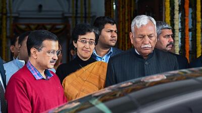 Delhi Vidhan Sabha speaker Ram Niwas Goel, chief minister Arvind Kejriwal and finance minister Atishi at Vidhan Sabha Assembly in New Delhi on Thursday. (Raj K Raj/HT Photo) Delhi Vidhan Sabha speaker Ram Niwas Goel, chief minister Arvind Kejriwal and finance minister Atishi at Vidhan Sabha Assembly in New Delhi on Thursday. (Raj K Raj/HT Photo)