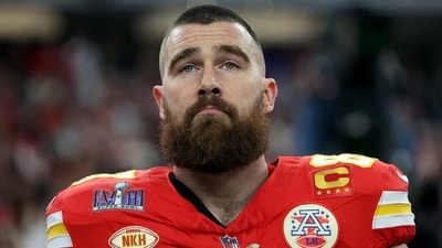 Travis Kelce stands for the national anthem prior to Super Bowl LVIII against the San Francisco 49ers at Allegiant Stadium on February 11, 2024 in Las Vegas, Nevada (Photo by JAMIE SQUIRE / GETTY IMAGES NORTH AMERICA / Getty Images via AFP) (Getty Images via AFP) Travis Kelce stands for the national anthem prior to Super Bowl LVIII against the San Francisco 49ers at Allegiant Stadium on February 11, 2024 in Las Vegas, Nevada (Photo by JAMIE SQUIRE / GETTY IMAGES NORTH AMERICA / Getty Images via AFP) (Getty Images via AFP)