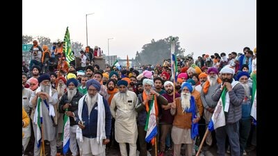 Farmers at the Punjab-Haryana Shambhu border during a protest march, in Patiala district, on Thursday.The farmers under the banner of the Pagdi Sambhal Jatta Kisan Sangharsh Samiti held a meeting under the chairmanship of its president Mandeep Nathwan in Fatehabad and farmers held a mahapanchayat at Sisai village in Hisar. (PTI) Farmers at the Punjab-Haryana Shambhu border during a protest march, in Patiala district, on Thursday.The farmers under the banner of the Pagdi Sambhal Jatta Kisan Sangharsh Samiti held a meeting under the chairmanship of its president Mandeep Nathwan in Fatehabad and farmers held a mahapanchayat at Sisai village in Hisar. (PTI)