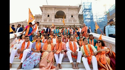 Goa Chief Minister Pramod Sawant poses for a picture during his visit to the Ram Temple in Ayodhya on Thursday. (Pramod Sawant-X)