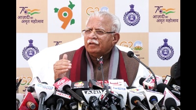 Haryana Chief Minister Manohar Lal Khattar addresses a press conference, in Chandigarh on Thursday. (ANI)