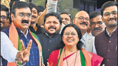 Mumbai, India - Feb. 15, 2024: BJP candidates Ajeet Gopchande (L) and Medha Kulkarni(R) leaves Vidhan Bhavan, after filing nomination for Rajya sabha at Nariman Point in Mumbai, India, on Thursday, February 15, 2024. (Photo by Anshuman Poyrekar/ Hindustan Times) (Hindustan Times) Mumbai, India - Feb. 15, 2024: BJP candidates Ajeet Gopchande (L) and Medha Kulkarni(R) leaves Vidhan Bhavan, after filing nomination for Rajya sabha at Nariman Point in Mumbai, India, on Thursday, February 15, 2024. (Photo by Anshuman Poyrekar/ Hindustan Times) (Hindustan Times)