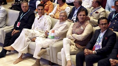 Akshay Kumar with actor Vivek Oberoi and others during the inauguration of the BAPS temple in Abu Dhabi, UAE on Wednesday. (PTI)