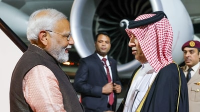 PM Modi was received at the airport by Qatar's State Minister for Foreign Affairs, Soltan bin Saad Al-Muraikhi. (PTI) PM Modi was received at the airport by Qatar's State Minister for Foreign Affairs, Soltan bin Saad Al-Muraikhi. (PTI)