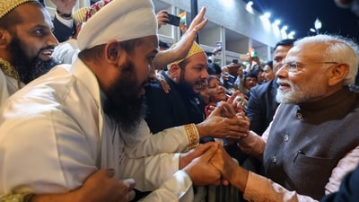 Prime Minister Narendra Modi on Wednesday received a warm welcome from the Indian diaspora outside his hotel in Qatar. (PTI) Prime Minister Narendra Modi on Wednesday received a warm welcome from the Indian diaspora outside his hotel in Qatar. (PTI)