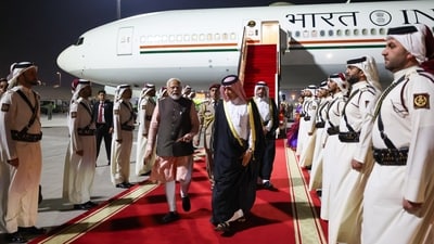 In a post on X, PM Modi stated, "An exceptional welcome in Doha! Grateful to the Indian diaspora." (PTI) In a post on X, PM Modi stated, "An exceptional welcome in Doha! Grateful to the Indian diaspora." (PTI)