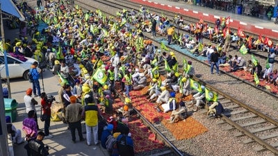 Members of various organisations block railway tracks at Rajpura as they stage 'rail roko' protest in support of farmers agitating at Punjab-Haryana Shambhu border in Patiala. (PTI) Members of various organisations block railway tracks at Rajpura as they stage 'rail roko' protest in support of farmers agitating at Punjab-Haryana Shambhu border in Patiala. (PTI)