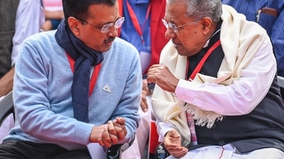 New Delhi, India - Feb. 8, 2024: Delhi Chief Minister Arvind Kejriwal, Kerala Chief Minister Pinarayi Vijayan, during protest against the alleged attacks on federalism by the federal government, at Jantar Mantar, in New Delhi, India, on Thursday, February 8, 2024. (Photo by Raj K Raj/ Hindustan Times) (Hindustan Times) New Delhi, India - Feb. 8, 2024: Delhi Chief Minister Arvind Kejriwal, Kerala Chief Minister Pinarayi Vijayan, during protest against the alleged attacks on federalism by the federal government, at Jantar Mantar, in New Delhi, India, on Thursday, February 8, 2024. (Photo by Raj K Raj/ Hindustan Times) (Hindustan Times)