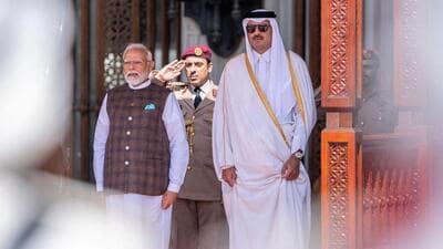 Prime Minister Narendra Modi meets Qatar's Emir Sheikh Tamim bin Hamad Al Thani in Doha, Qatar, February 15, 2024. Qatar News Agency/Handout (VIA REUTERS) Prime Minister Narendra Modi meets Qatar's Emir Sheikh Tamim bin Hamad Al Thani in Doha, Qatar, February 15, 2024. Qatar News Agency/Handout (VIA REUTERS)