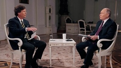Russian President Vladimir Putin speaks during an interview with U.S. television host Tucker Carlson in Moscow, Russia, February 6, 2024, in this still image taken from video released February 8, 2024. Courtesy of Tucker Carlson Network/Handout via REUTERS (via REUTERS)
