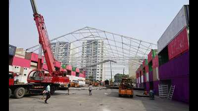 The stage being erected made up of cargo shipping containers (HT Photo)