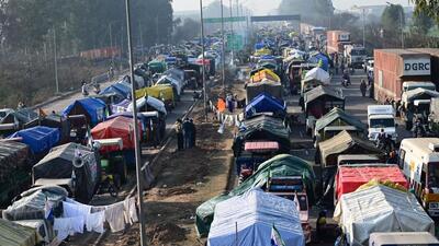 Tractor trailers lined up at the Punjab-Haryana border at Shambhu on Thursday. (Ravi Kumar/HT)