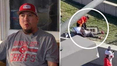 A man has described the moment he tackled a suspect who allegedly opened fire at a Super Bowl Parade near Union Station in Kansas City, Missouri (KETV7, @FFB_Fanatics/X) A man has described the moment he tackled a suspect who allegedly opened fire at a Super Bowl Parade near Union Station in Kansas City, Missouri (KETV7, @FFB_Fanatics/X)