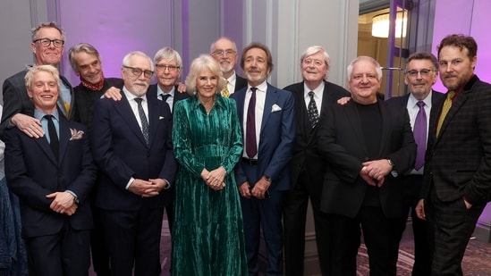 At the event, Britain's Queen Camilla met various actors, who have played Hamlet including Brian Cox, Jeremy Irons and David Mitchell. She smiles as she poses with (Left to right) Alex Jennings, Freddie Fox, Jeremy Irons, Brian Cox, Tom Courtenay, Peter Egan, Robert Lindsay, Martin Jarvis, Simon Russell Beale, Robert Powell and Samuel West at the Celebration Of Shakespeare at Grosvenor House in London.(AFP)