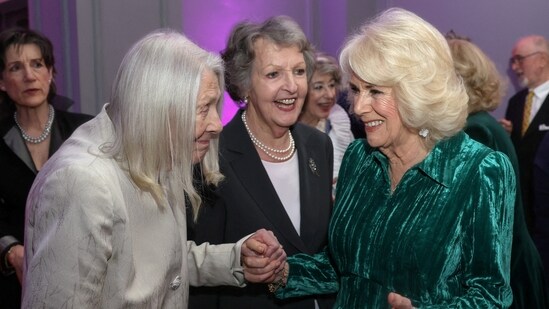 Britain's Queen Camilla was greeted on her arrival at London’s Grosvenor House Hotel by a host of actors. She smiles as she holds hands with actor Vanessa Redgrave (Left) with actor-presenter Penelope Keith as she attends the Celebration Of Shakespeare.(via REUTERS)