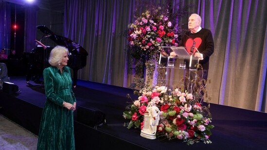 Britain Queen Camilla smiles during a speech by host Gyles Brandreth as she attends the Celebration Of Shakespeare at Grosvenor House in London, At the event, Judi Dench said it was ‘lovely’ to attend the event and gave a performance of Shakespeare’s Sonnet 116, describing the Bard as “the person in our family who is called the man who pays the rent”.(via REUTERS)