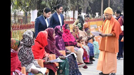 Chief minister Yogi Adityanath holds Janata Darbar in Gorakhpur on Thursday. (ANI Photo)