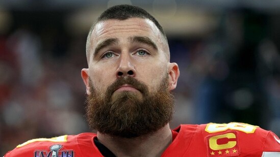 Travis Kelce stands for the national anthem prior to Super Bowl LVIII against the San Francisco 49ers at Allegiant Stadium on February 11, 2024 in Las Vegas, Nevada (Photo by JAMIE SQUIRE / GETTY IMAGES NORTH AMERICA / Getty Images via AFP) (Getty Images via AFP)