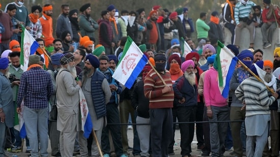 Bharat bandh today: Farmers gather during a protest march to New Delhi to demand minimum crop prices, near the Haryana-Punjab border at Shambhu in Patiala district. (AFP)