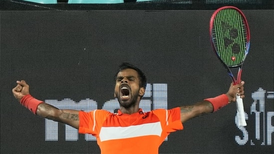 India's Sumit Nagal celebrates after winning the singles round of 16 match against Hong Kong's Coleman Wong (PTI)