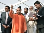 Sambhal, Feb 12 (ANI): Uttar Pradesh Chief Minister Yogi Adityanath visits Kalki Dham ahead of the Kalki Dham bhumi Pujan by PM Narendra Modi on Feb 19, in Sambhal on Monday. Former Congress leader Acharya Pramod Krishnam is also present. (ANI Photo)