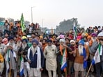 Farmers at the Punjab-Haryana Shambhu border during a protest march, in Patiala district, on Thursday. (PTI)