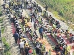 Farmers block railway tracks in Amritsar, Punjab. (HT PHOTO)