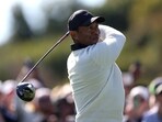 =Tiger Woods of the United States tees off the 18th hole during the first round of The Genesis Invitational at Riviera Country Club =Tiger Woods of the United States tees off the 18th hole during the first round of The Genesis Invitational at Riviera Country Club