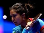 India's Ayhika Mukherjee in action.