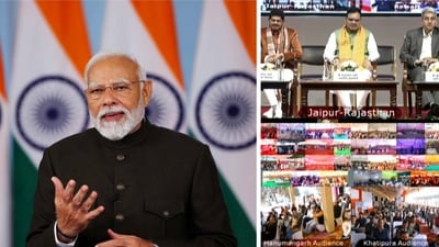 Prime Minister Narendra Modi addresses ‘Viksit Bharat Viksit Rajasthan’ program via video conferencing, on Friday. (ANI Photo) Prime Minister Narendra Modi addresses ‘Viksit Bharat Viksit Rajasthan’ program via video conferencing, on Friday. (ANI Photo)