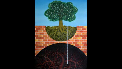 Artist Kanwal Dhaliwal’s painting of the uprooted tree, titled ‘Gap’. (HT Photo) Artist Kanwal Dhaliwal’s painting of the uprooted tree, titled ‘Gap’. (HT Photo)