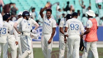 Ravichandran Ashwin celebrates with teammates after taking the wicket of England's Zak Crawley (REUTERS)