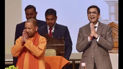 Chief Justice of India (CJI) Justice DY Chandrachud and Uttar Pradesh Chief Minister Yogi Adityanath during the inauguration ceremony of Dr. Rajendra Prasad National Law University (PTI)