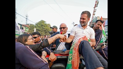 Congress leader Rahul Gandhi arrives for the flag handover ceremony amid Congress' Bharat Jodo Nyay Yatra, at Ramgarh Village, in Buxar on Friday. (AICC)