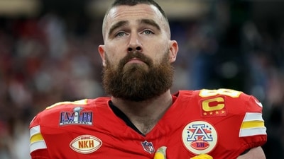 Travis Kelce stands for the national anthem prior to Super Bowl LVIII against the San Francisco 49ers at Allegiant Stadium on February 11, 2024 in Las Vegas, Nevada (Photo by JAMIE SQUIRE / GETTY IMAGES NORTH AMERICA / Getty Images via AFP) (Getty Images via AFP) Travis Kelce stands for the national anthem prior to Super Bowl LVIII against the San Francisco 49ers at Allegiant Stadium on February 11, 2024 in Las Vegas, Nevada (Photo by JAMIE SQUIRE / GETTY IMAGES NORTH AMERICA / Getty Images via AFP) (Getty Images via AFP)